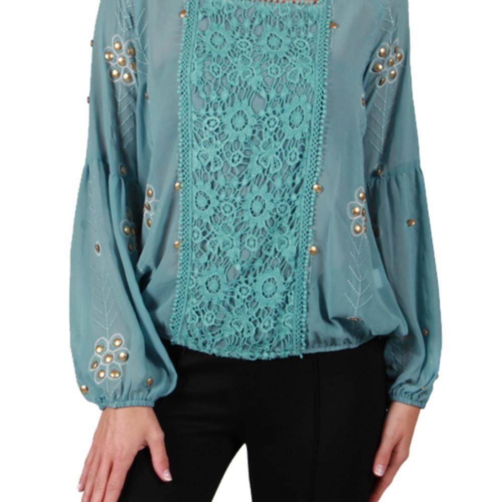 Ryu Teal Embroidered Crochet-Back Blouse with Pearl Accents